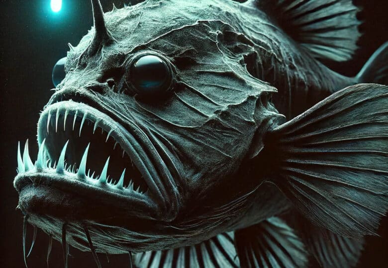 A-close-up-of-a-deep-sea-anglerfish-in-its-natural-habitat-featuring-its-bioluminescent-lure-glowing-in-the-dark-murky-depths-of-the-ocean