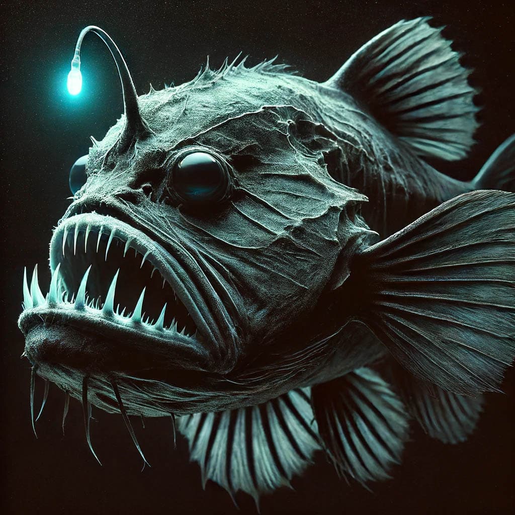A-close-up-of-a-deep-sea-anglerfish-in-its-natural-habitat-featuring-its-bioluminescent-lure-glowing-in-the-dark-murky-depths-of-the-ocean