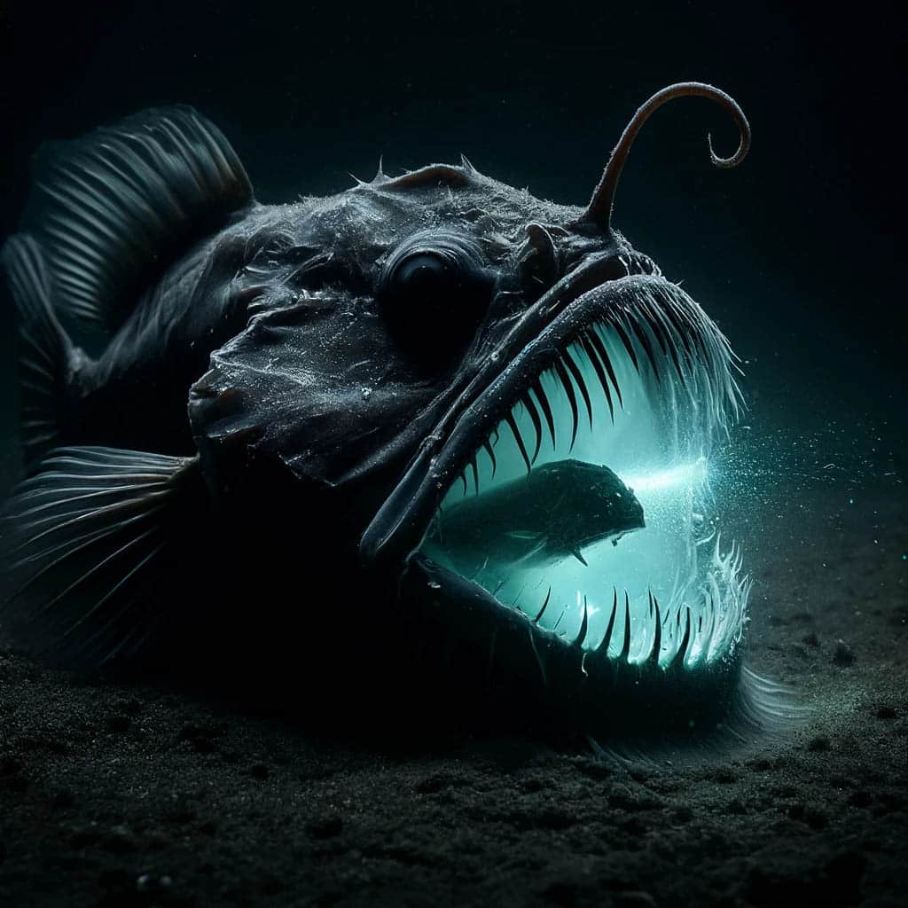 A-deep-sea-anglerfish-in-the-act-of-eating-its-bioluminescent-lure-glowing-as-it-captures-prey-in-the-dark-murky-depths-of-the-ocean.-The-scene-is-e
