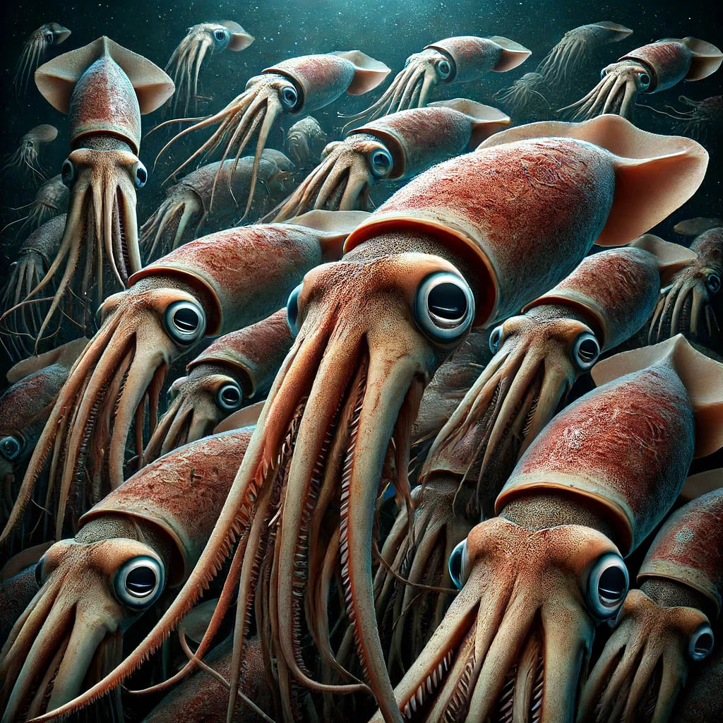 A detailed image of a swarm of Mesonychoteuthis hamiltoni (Colossal Squids) in their natural deep-sea environment. The squids have large, robust bodie