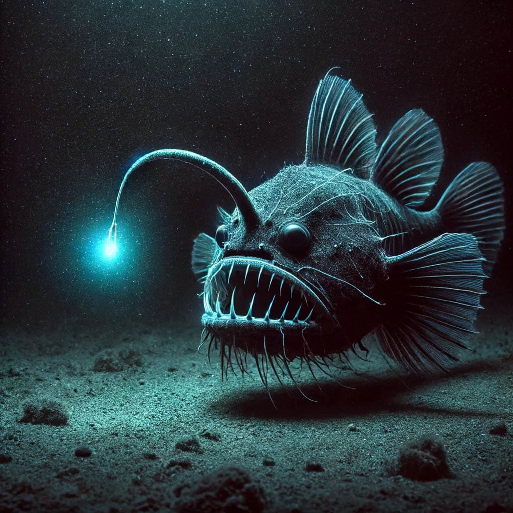 Ein-Tiefsee-Anglerfisch-der-in-den-dunklen-Tiefen-des-Ozeans-schwimmt-sein-biolumineszenter-Koeder-leuchtet-hell-um-Beute-anzulocken